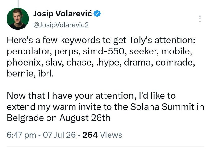 Tweet by Josip Volarević (@JosipVolarevic2) listing humorous keywords to catch 'Toly's' attention before extending an invite to the Solana Summit in Belgrade on August 26th.