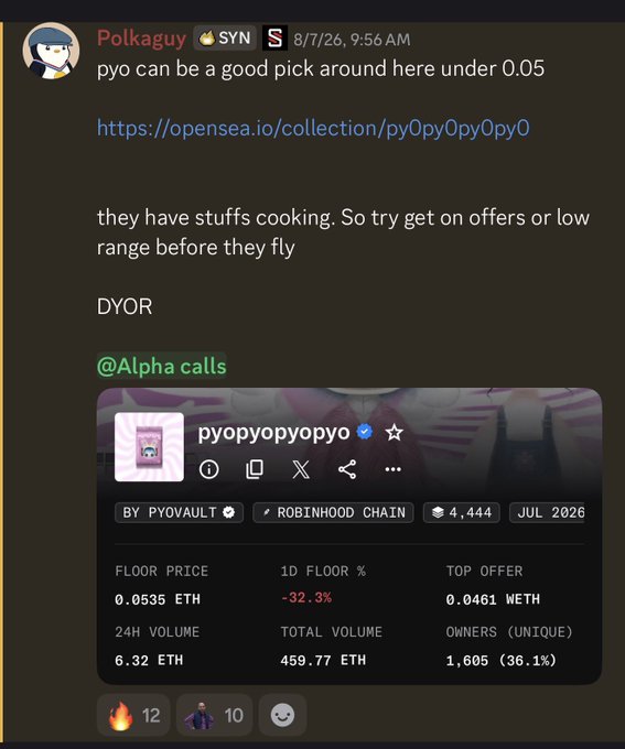 A Discord message from "Polkaguy" in a $SYN channel dated 8/7/26 recommends buying the "pyopyopyo" NFT collection under 0.05 ETH, linking to the OpenSea page and showing it trading at a 0.0535 ETH floor with -32.3% 1D change—coinciding with a follow-up post celebrating an almost 3x pump to 0.17 ETH within 2 days of the call.