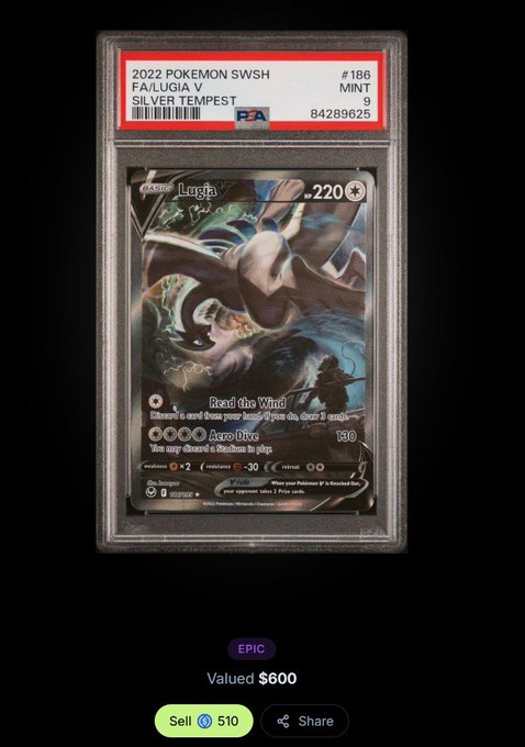 A PSA 9 Mint 2022 Pokémon Silver Tempest Lugia V card (#186) graded by PSA, appraised at $600, displayed on Jupiter Exchange's platform alongside a "Sell for 510" button and an "EPIC" rarity tag. The image showcases the user's lucky gacha pull from JupiterExchange, highlighting the $545 profit over the expected $55 card value.