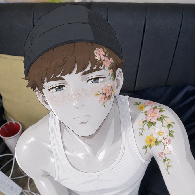 An anime-style illustration of a young man with brown hair, a black cap, freckles, and pink flowers decorating his face and shoulder, wearing a white tank top.