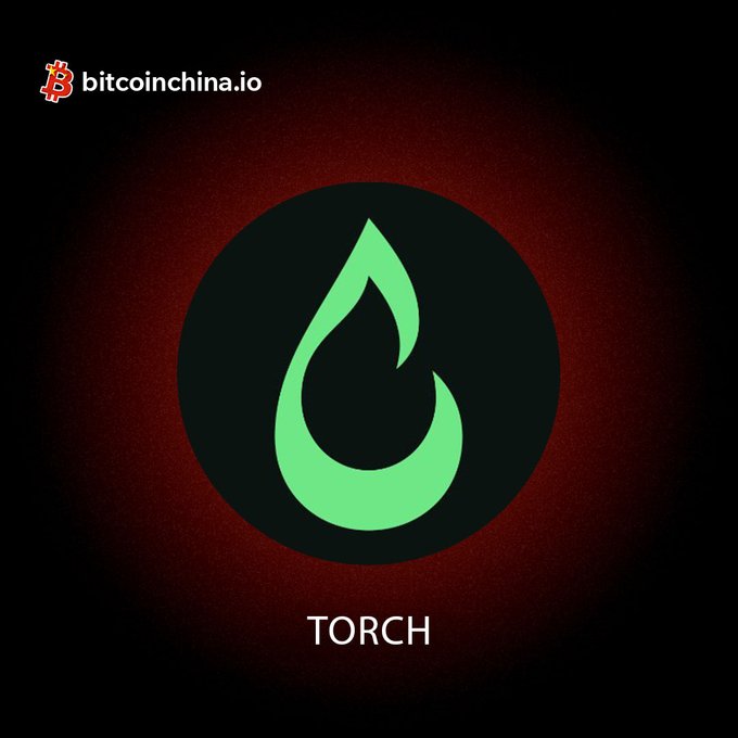 A dark image featuring a circular logo containing a stylized green flame or droplet design, with the word 'TORCH' below it and 'bitcoinchina.io' in the top left corner.
