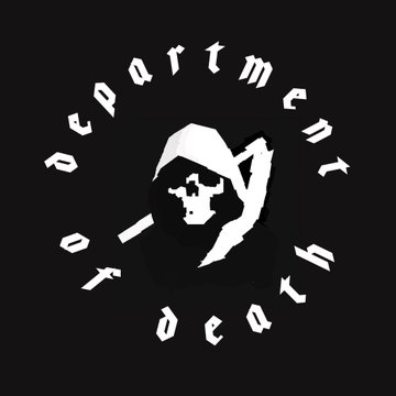 A black and white circular logo featuring a hooded figure, surrounded by the text 'department of dead'.