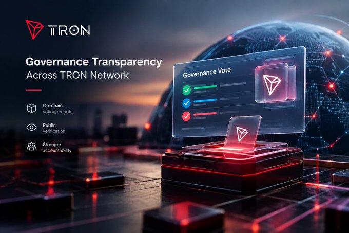 Dark-themed promotional graphic for TRON with the text 'Governance Transparency Across TRON Network', featuring a glowing holographic 'Governance Vote' panel with checkmarks, alongside icons for 'On-chain voting records', 'Public verification', and 'Stronger accountability'.