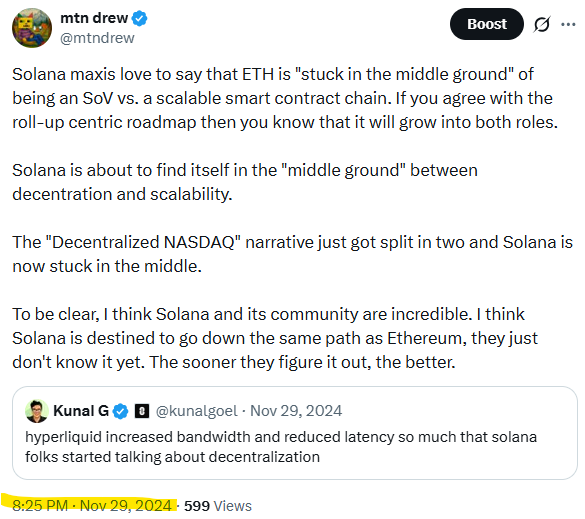 The focus of the image should be a screenshot or photo of the screen shot or post related to the content being discussed, which includes details about Solana's blockchain project called decentralized Nasdaq and the benefits that this new development can offer to people using Etherum for transactions. The caption on the image reads: "Solana wants to be decentralized Nasdaq, it seems like hyperliquid is taking that". This suggests a comparison between the current situation of Etherum with the potential benefits of implementing a more transparent and efficient blockchain technology in Solana's project.