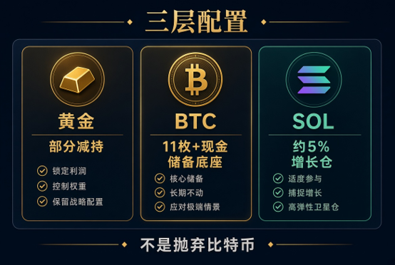 A Chinese infographic showing a three-layer investment configuration: Gold (partial reduction), BTC (11 coins + cash reserve), and SOL (~5% growth allocation), with text '不是抛弃比特币' (Not abandoning Bitcoin).