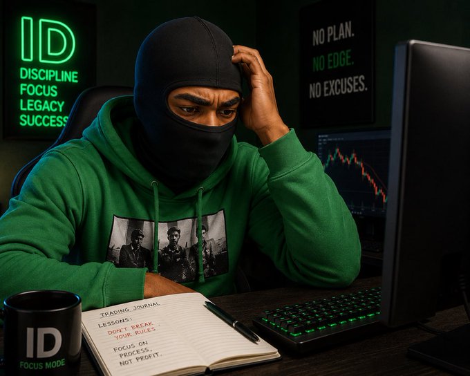 A masked trader in a green hoodie stares stressed at falling charts, surrounded by “ID DISCIPLINE FOCUS LEGACY SUCCESS,” “NO PLAN. NO EDGE. NO EXCUSES.,” and a journal saying “DON’T BREAK YOUR RULES. FOCUS ON PROCESS, NOT PROFIT.” It