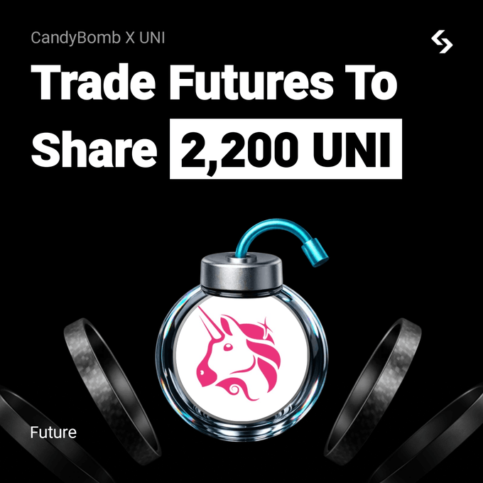 A promotional graphic for 'CandyBomb X UNI' with text 'Trade Futures To Share 2,200 UNI' alongside an image of a unicorn-themed perfume bottle.