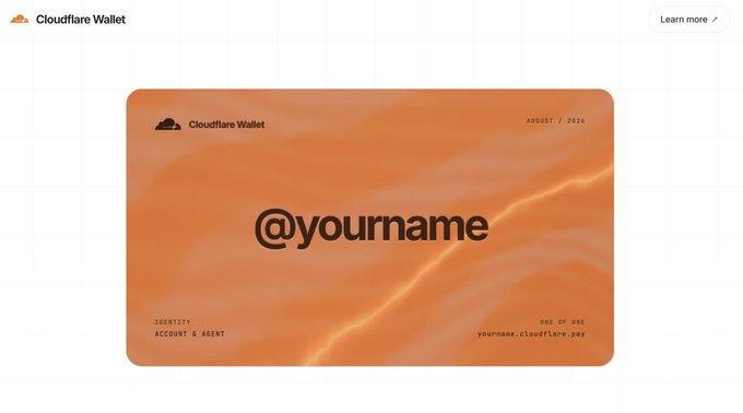 A promotional graphic for Cloudflare Wallet showing an orange card with '@yourname' and 'AUGUST / 2026' on a white background with a 'Learn more' button.
