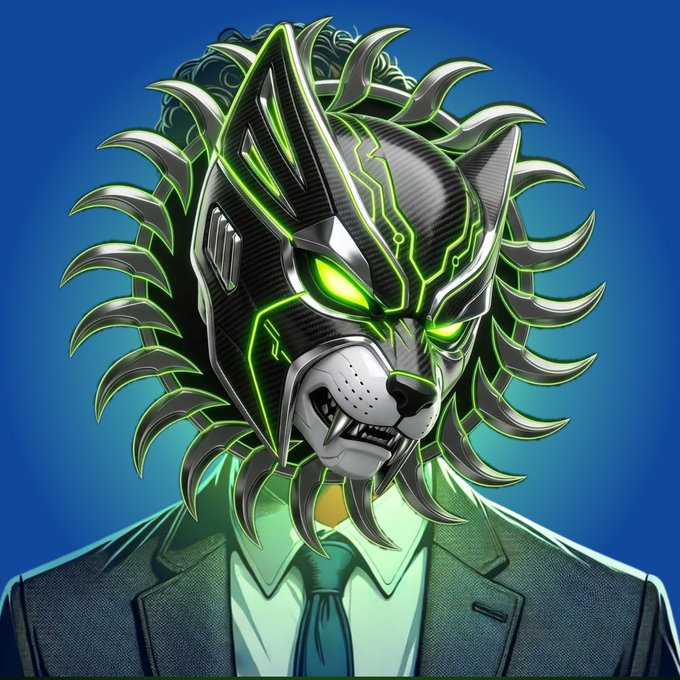 The image shows a fierce anthropomorphic wolf character wearing a sleek black futuristic helmet with glowing green circuitry accents and piercing green eyes, dressed in a formal suit and tie against a blue background. This matches the "$WOLVERINU" pfp referenced in the post, depicting the Wolf-Wolverine hybrid mascot associated with the Wolverinu token and its contract address.
