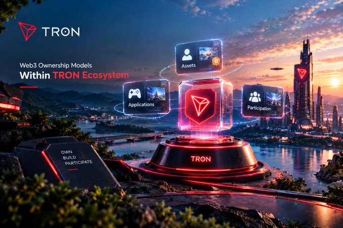 A promotional graphic for TRON blockchain showing Web3 Ownership Models with the text 'OWN BUILD PARTICIPATE' alongside a futuristic cityscape.
