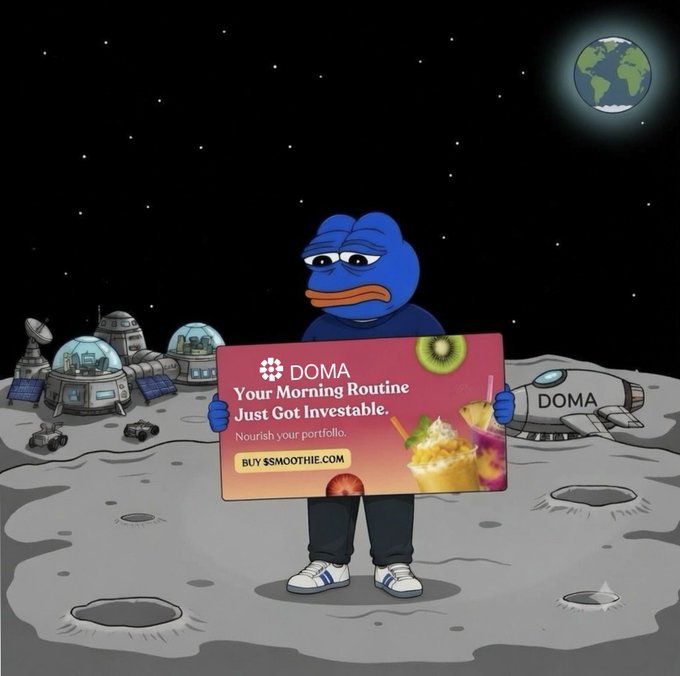 An advertisement parody featuring a sad Pepe-like character on the moon holding a "DOMA - Your Morning Routine Just Got Investable" sign with a link to BUY $SMOOTHIE.COM.