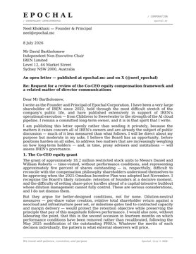 The image shows a published open letter dated July 8, 2026, from Noel Khokhara, Founder of Epochal, addressed to David Bartholomew, Chairman of Irisen Limited (IREN). The letter requests an independent review of the 18.2 million RSU equity compensation framework for co-CEOs and a related board-level review of director conduct, directly corresponding to the post's message.