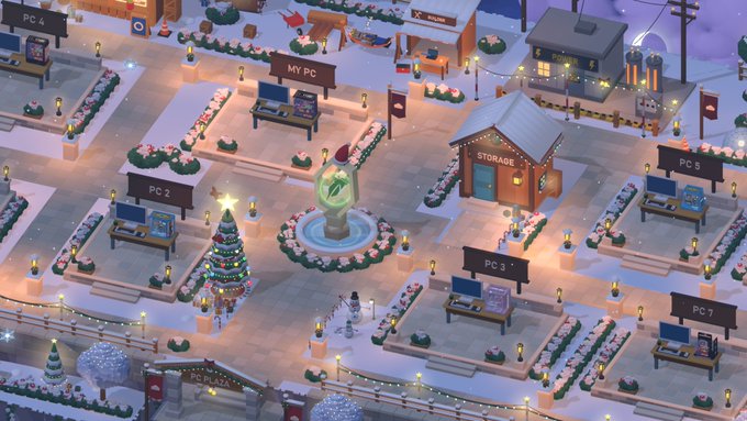 A snowy, isometric view of a festive virtual "PC Plaza" decorated with Christmas trees and holiday lights, featuring computer stations labeled "PC 2," "PC 3," "PC 4," "MY PC," "PC 7," "PC 8," and "PC PLAZA," along with a central fountain and a "STORAGE" building. The scene visually represents the post's theme of testing new PCs, showcasing a winter-themed digital hub where users explore different computer setups.