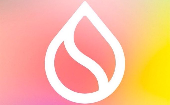 A white stylized flame or droplet logo with an S-curve design set against a pink, orange, and yellow gradient background.