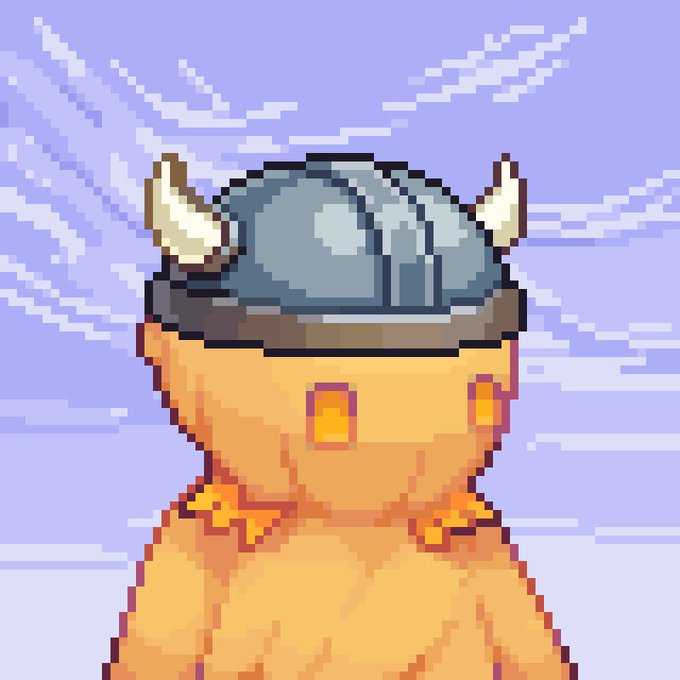 A pixel art portrait of a viking character wearing a horned helmet with a blue visor, set against a purple sky with clouds.