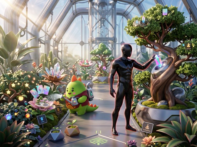 A sleek black humanoid figure and a cheerful green dinosaur named Dino tend to a futuristic bonsai tree and glowing crystal plants inside a sunlit glass greenhouse, with floating gamified icons and progress meters surrounding them. The scene visually echoes the post's message of nurturing small routines into a flourishing, evolving digital world through playful habit-building in the Sleepagotchi ecosystem.