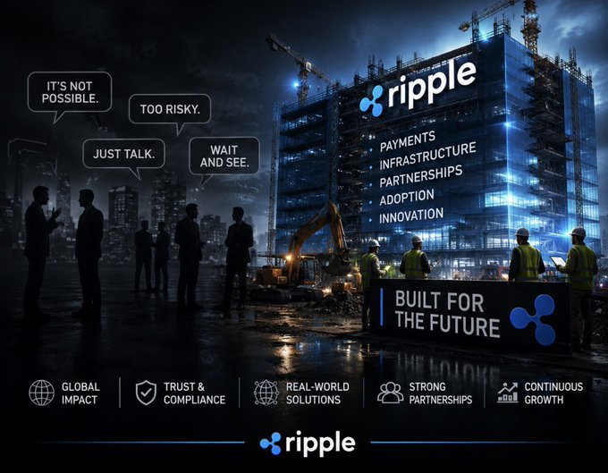 A dramatic nighttime scene shows silhouetted businesspeople hesitating with speech bubbles reading "IT'S NOT POSSIBLE," "TOO RISKY," "JUST TALK," and "WAIT AND SEE," contrasted against workers actively constructing a high-rise emblazoned with the Ripple logo and labeled "BUILT FOR THE FUTURE," with Ripple's core focus areas—Payments, Infrastructure, Partnerships, Adoption, and Innovation—listed alongside. This visual perfectly reinforces the post's message "WHILE OTHERS TALK, RIPPLE KEEPS BUILDING," illustrating how Ripple takes tangible action and develops real-world infrastructure while skeptics merely deliberate.