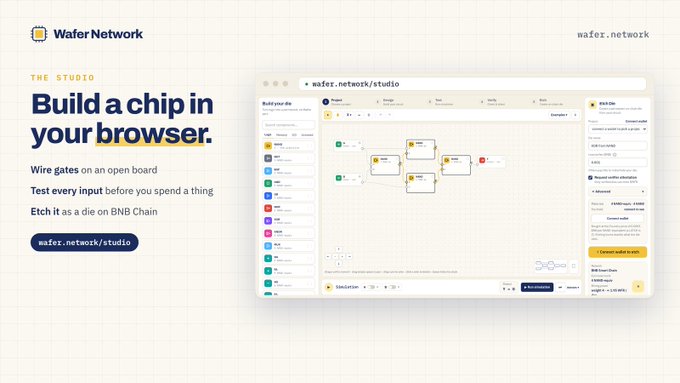 A webpage header for Wafer Network's 'The Studio' tool, promoting the ability to 'Build a chip in your browser' with a visual of a digital circuit board interface.