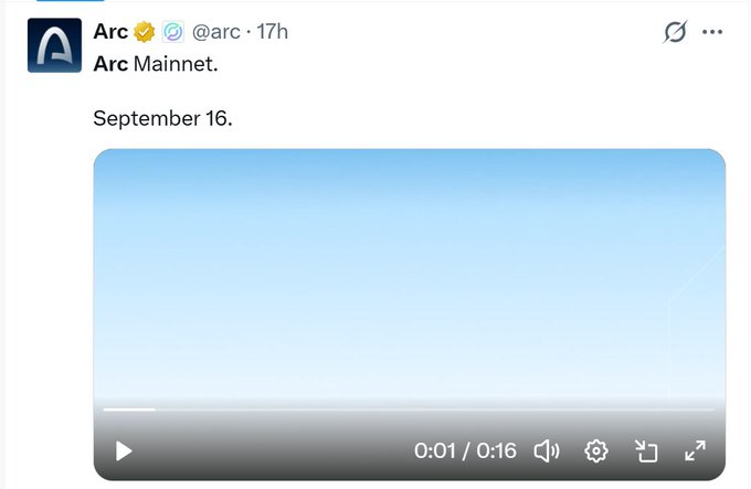 A tweet from Arc (@arc) announces 'Arc Mainnet. September 16.' alongside a video attachment.