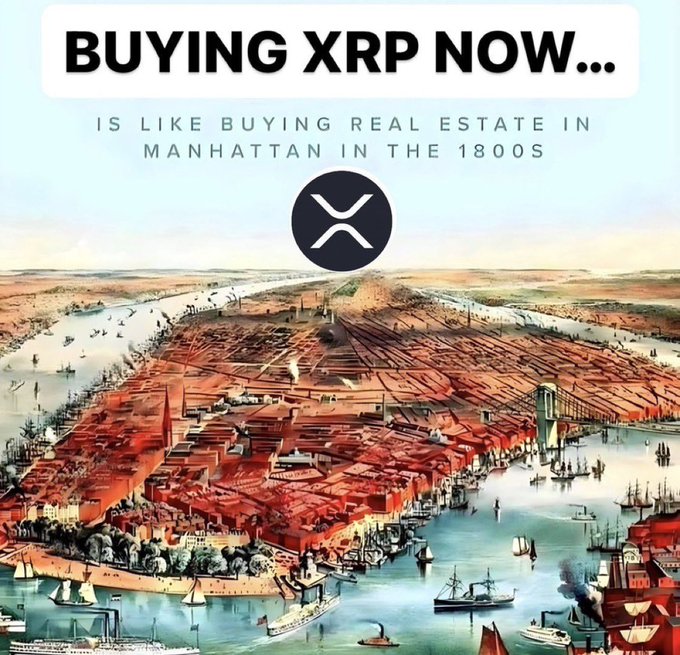 A promotional image for the cryptocurrency XRP with text 'BUYING XRP NOW... IS LIKE BUYING REAL ESTATE IN MANHATTAN IN THE 1800S', featuring an old illustration of Manhattan and the XRP logo.