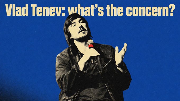 A stylized blue-tinted image shows a man with dark hair holding a microphone with a red ring, gesturing with his other hand, with the caption 'Vlad Tenev: what's the concern?'