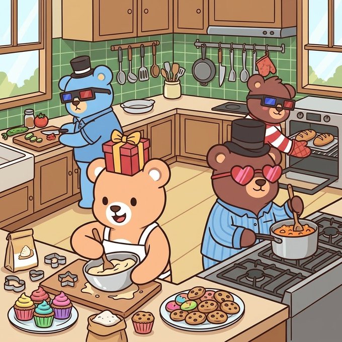 A colorful cartoon illustration of four anthropomorphic bears cooking and baking together in a kitchen, with one bear wearing 3D glasses preparing food, another wearing heart-shaped sunglasses stirring a pot, one baking cupcakes, and another taking cookies out of the oven.