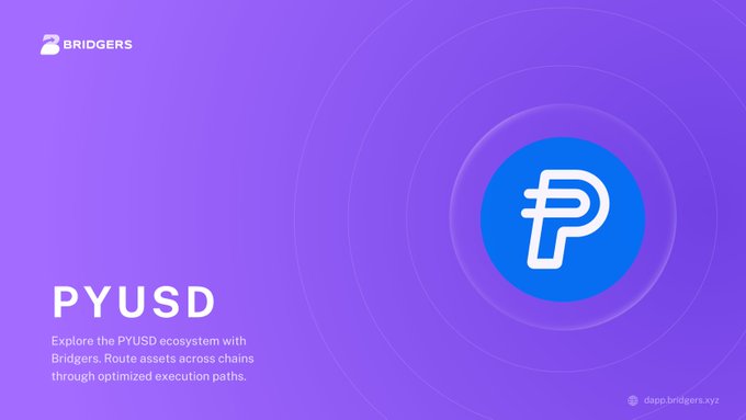Purple promotional graphic for 'BRIDGERS' showcasing 'PYUSD' with a stylized blue and white logo, describing it as a way to 'Route assets across chains through optimized execution paths' at dapp.bridgers.xyz.