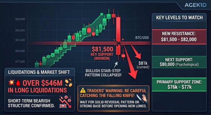 A cryptocurrency trading chart for BTC/USD showing a sharp bearish reversal, with annotations including 'KEY LEVELS TO WATCH', 'NEW RESISTANCE: $81,500 - $82,000', 'PRIMARY SUPPORT ZONE: $76k - $77k', and a warning about 'OVER $546M IN LONG LIQUIDATIONS'.