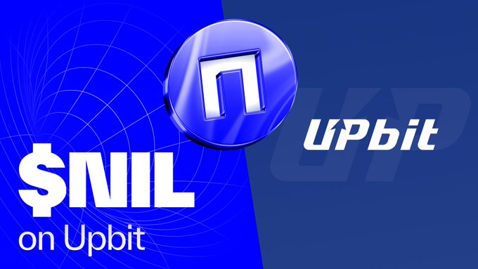 A promotional graphic announces '$NIL on Upbit' featuring a blue circular token logo with an 'n' symbol against a blue background.