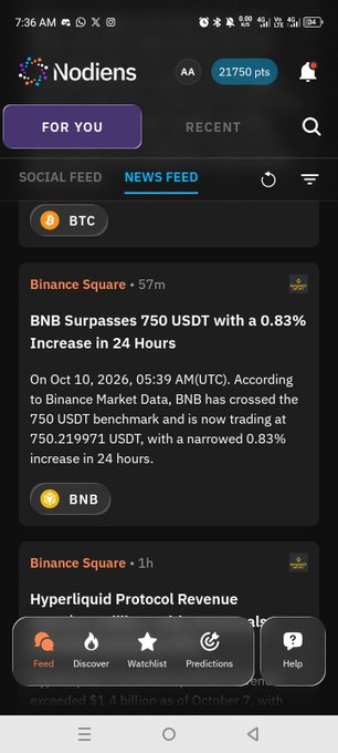 A screenshot of the "Nodiens" app news feed shows a headline "BNB Surpasses 750 USDT with a 0.83% Increase in 24 Hours" on Oct 10, 2026.