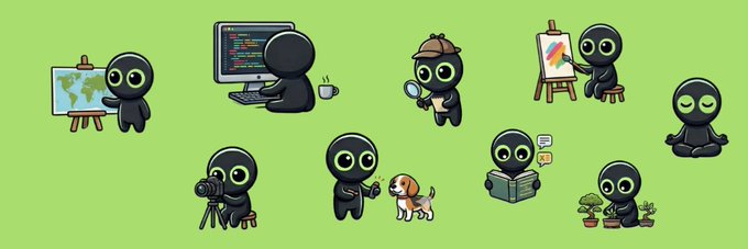 A green banner features eight small black ninja-like characters with large green eyes engaged in various activities: painting on easels, coding on a computer, holding a magnifying glass while reading a paper, taking a photograph, petting a beagle, reading a book with speech bubbles, tending to bonsai trees, and meditating in a lotus position. The banner serves as community-submitted artwork for the Moby platform's $BOA token listing, with no visible text or tickers in the image itself.