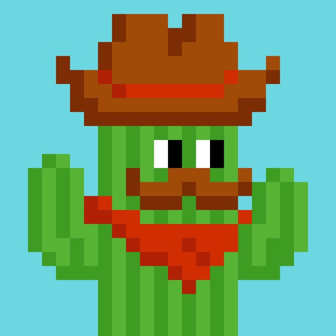 Pixel art of a green cactus character wearing a brown cowboy hat and a red bandana.