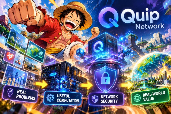 Promotional artwork for 'Quip Network' featuring an anime-style character, highlighting Real Problems, Useful Computation, Network Security, and Real-World Value.