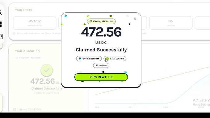 A screenshot shows an airdrop allocation of 472.56 USDC claimed successfully from the Base network, with a 'View in Wallet' button.