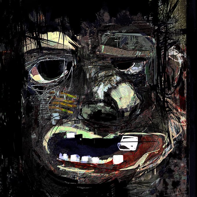 A dark, expressionistic painting of a face with wide, hollow eyes and a grinning mouth showing teeth, rendered with rough, sketchy brushstrokes.