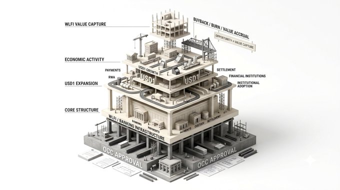 A 3D architectural diagram illustrating layers of financial infrastructure with labels like 'WLFI VALUE CAPTURE', 'USD1 EXPANSION', 'ECONOMIC ACTIVITY', 'BUYBACK / BURN / VALUE ACCRUAL', and 'OCC APPROVAL'.