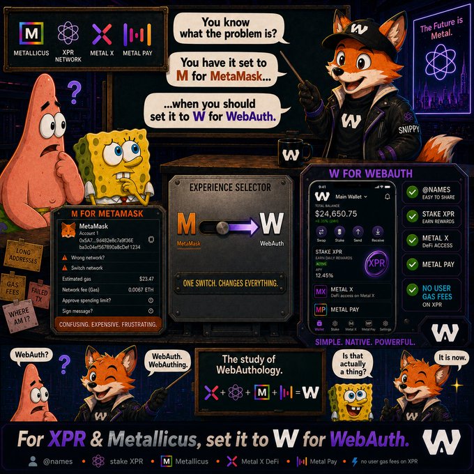 A promotional graphic featuring SpongeBob SquarePants and Patrick Star alongside a fox character promoting WebAuth (W) over MetaMask (M), with text 'For XPR & Metallicus, set it to W for WebAuth.' and references to XPR Network, Metal X, and Metal Pay.