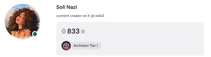 A profile card for "Soli Nazi," described as a "content creator on X @ web3," displays 833 points and an "Architect Tier 1" badge. The image visually confirms the post's celebration of earning the Architect Tier 1 role within the ARC community, matching the excitement expressed in the accompanying text.