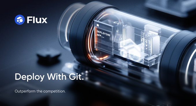 A promotional banner for 'Flux' featuring futuristic technology imagery and the tagline 'Deploy With Git. Outperform the competition.'