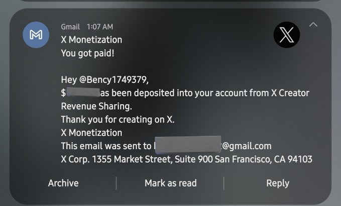 The image shows an email message from a company named X Creator that has been sent to a user's email address. The email contains information about a payment made by the creator of the content, which was deposited into their account. The email also mentions that the creator is entitled to a royalty share for creating on X.