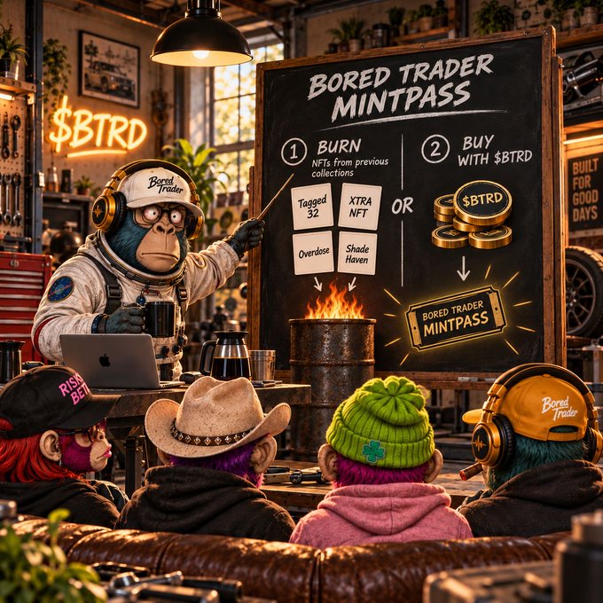 A chalkboard presentation titled 'BORED TRADER MINTPASS' explains how to burn NFTs from collections like Tagged 32, XTRA NFT, Overdose, or Shade Haven, or buy with $BTRD tokens to receive a Mintpass.