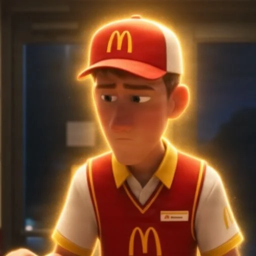 A 3D animated rendering of a sad-looking McDonald's employee wearing the classic red and yellow uniform with a glowing aura effect around him.