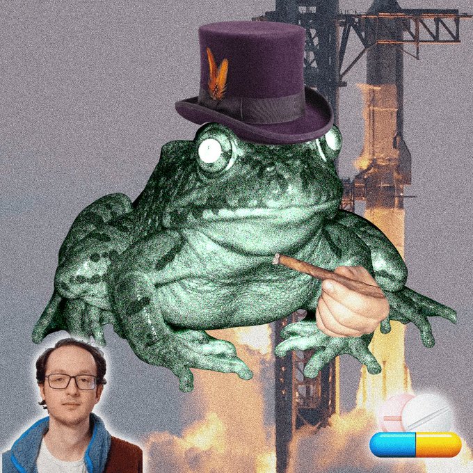 A surreal image shows a large frog wearing a purple top hat with an orange flower, smoking a cigar, set against a background of industrial structures and flames; cutouts of a man with glasses and a pill icon are overlaid at the bottom.