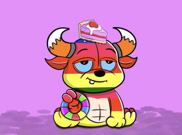Cartoon mascot of a colorful bull-like creature with rainbow stripes, horns, and a small hat, sitting against a purple sky background.