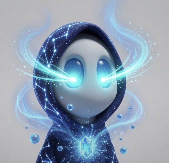 A cute, hooded cosmic figure with glowing blue constellation patterns and bright energy beams emanating from its eyes, wearing a glowing crystal pendant — fitting the meme-like post about a France vs Spain prediction giveaway, where the whimsical celestial being visually evokes the "clairvoyant" or "all-knowing" vibe of correctly guessing the match outcome to win USDC for buying $ANSEM on $SOL.