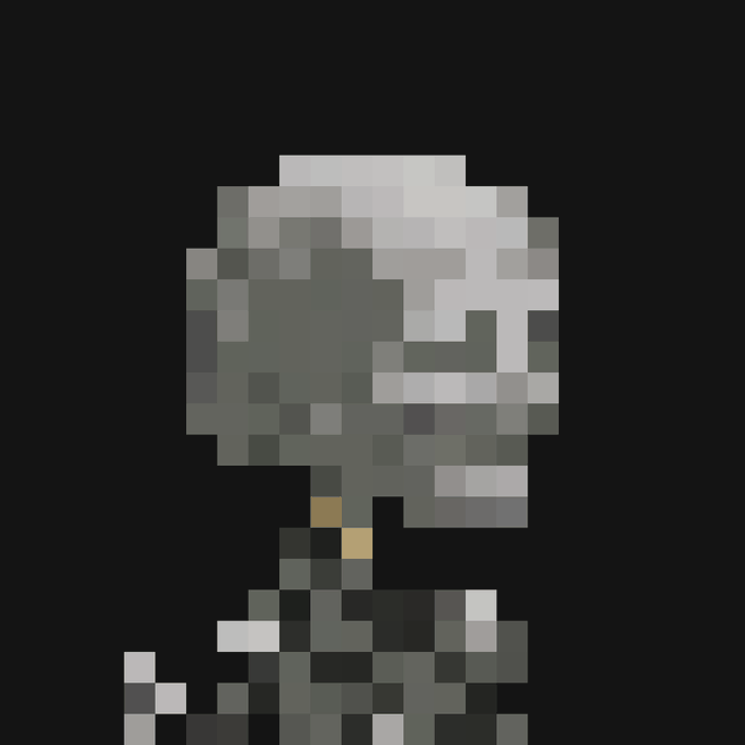 A pixel art image on a black background depicts a grey and white figure holding a small yellow object.