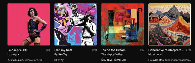An NFT marketplace display showing four digital art pieces including 'i.c.o.n.p.x. #40' by @pixellare.tez, 'i did my best' by SkrrTey, 'Inside the Dream' by @ARTMIBOVXGANT, and 'Generative reinterpretation of hlc et nunc' by Helio Santos.