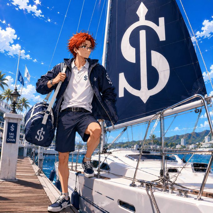 An anime-style character with red hair and glasses stands on a sailboat, wearing a navy jacket and shorts, holding a duffel bag displaying a 'S' logo, with a large sail featuring the same emblem behind him.