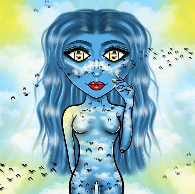 A surreal digital illustration of a blue-skinned woman with flowing blue hair, red lips, and yellow eyes, surrounded by clouds, birds, and sun rays.