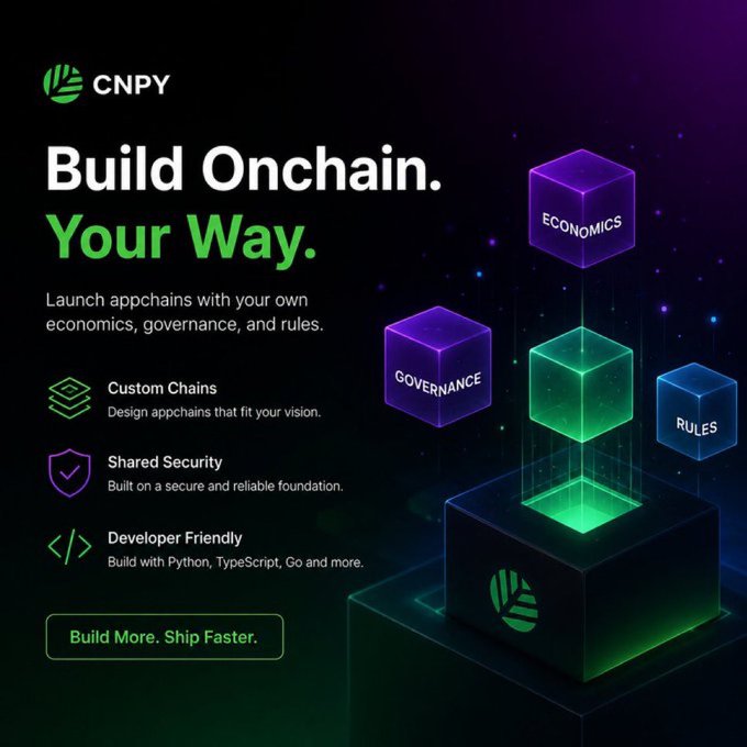 A promotional graphic for CNPY with the headline "Build Onchain. Your Way." advertising appchains with features like "Custom Chains," "Shared Security," and "Developer Friendly," accompanied by floating cubes labeled "ECONOMICS," "GOVERNANCE," and "RULES."